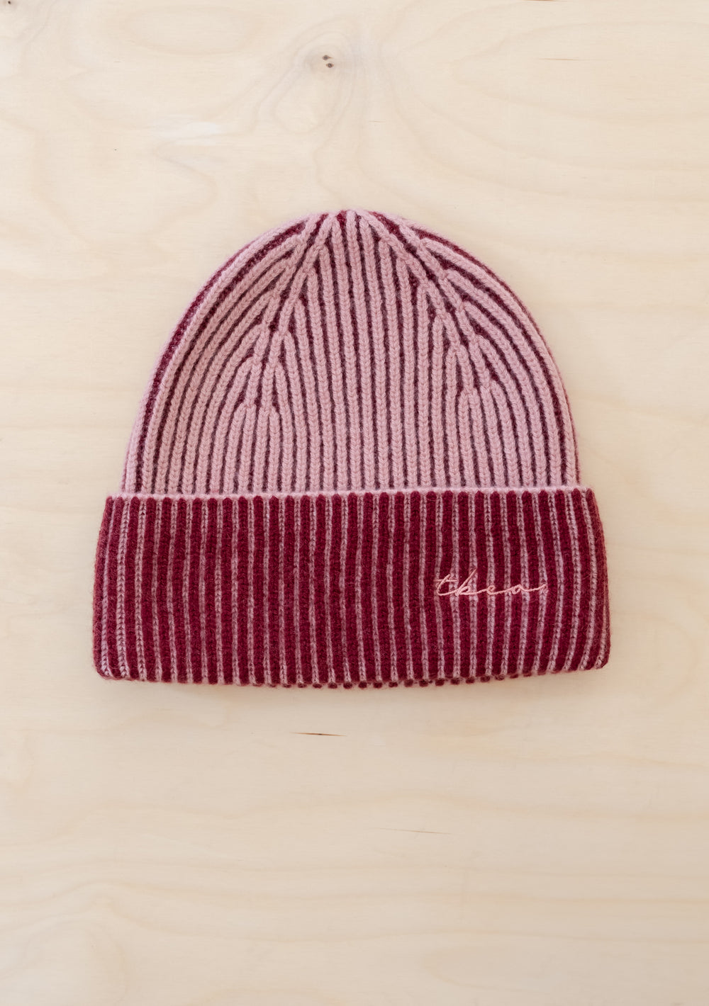 Cashmere & Merino Two-Tone Beanie in Pink by TBCo with ribbed knit and embroidered logo in soft warm wool blend
