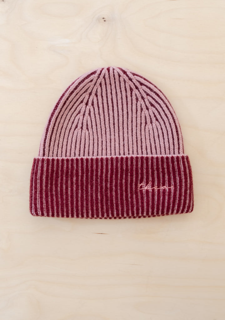 Cashmere & Merino Two-Tone Beanie in Pink by TBCo with ribbed knit and embroidered logo in soft warm wool blend