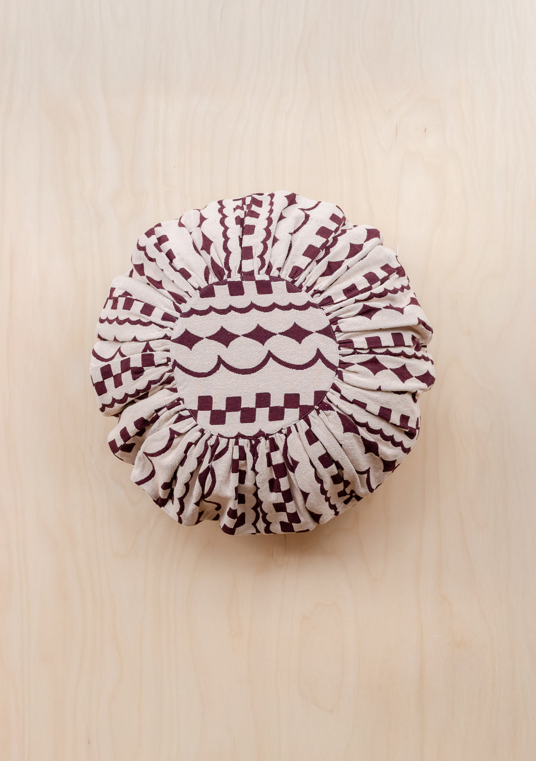 Round Cotton Cushion Cover in Pink Checker Stripe by TBCo featuring burgundy patterns on natural woven fabric