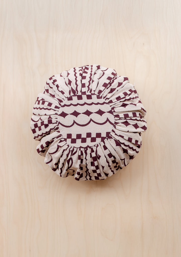 Round Cotton Cushion Cover in Pink Checker Stripe by TBCo featuring burgundy patterns on natural woven fabric