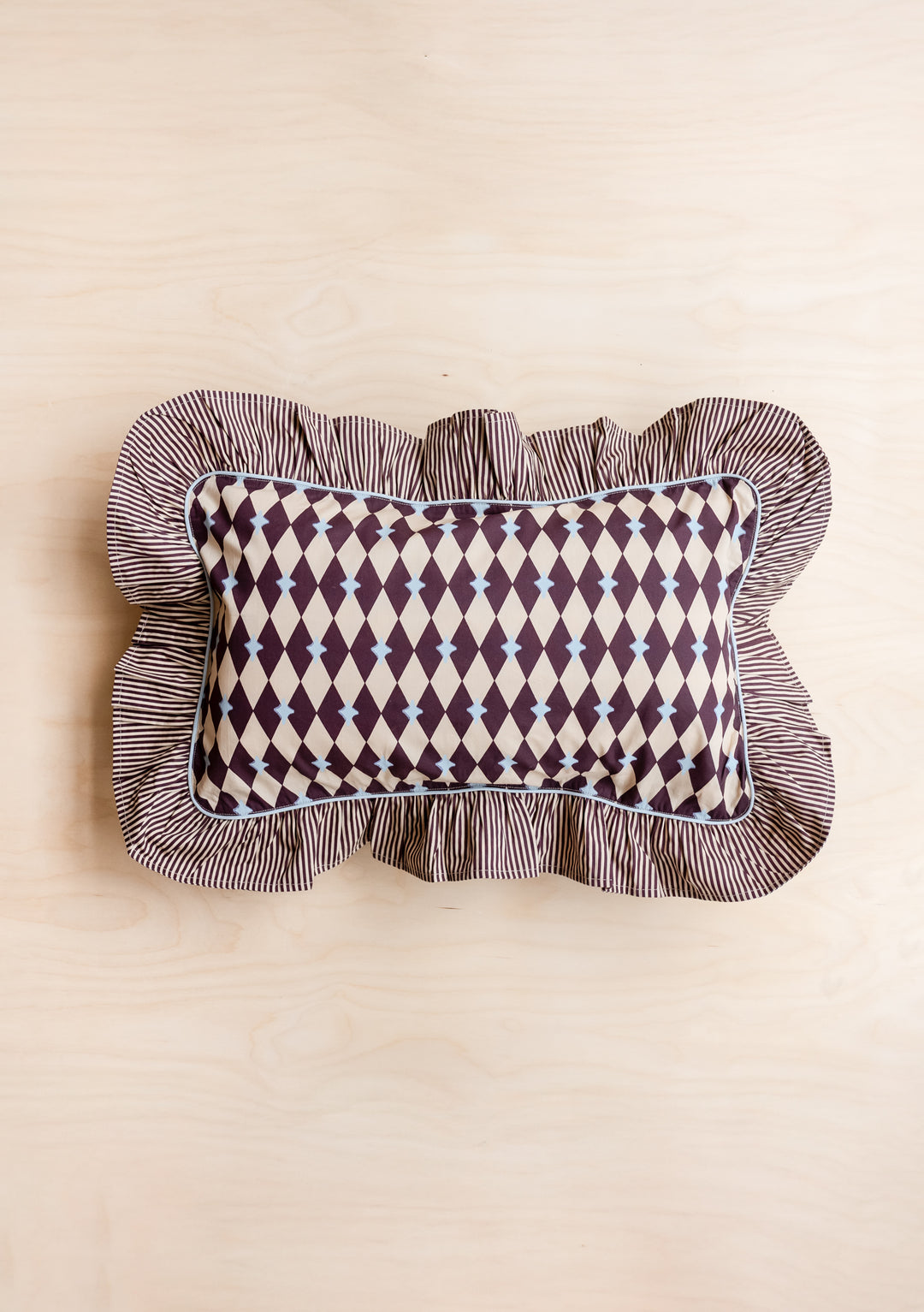 TBCo Cotton Cushion Cover in Camel Harlequin with ruffled edge and reversible diamond and stripe patterns on soft cotton fabric