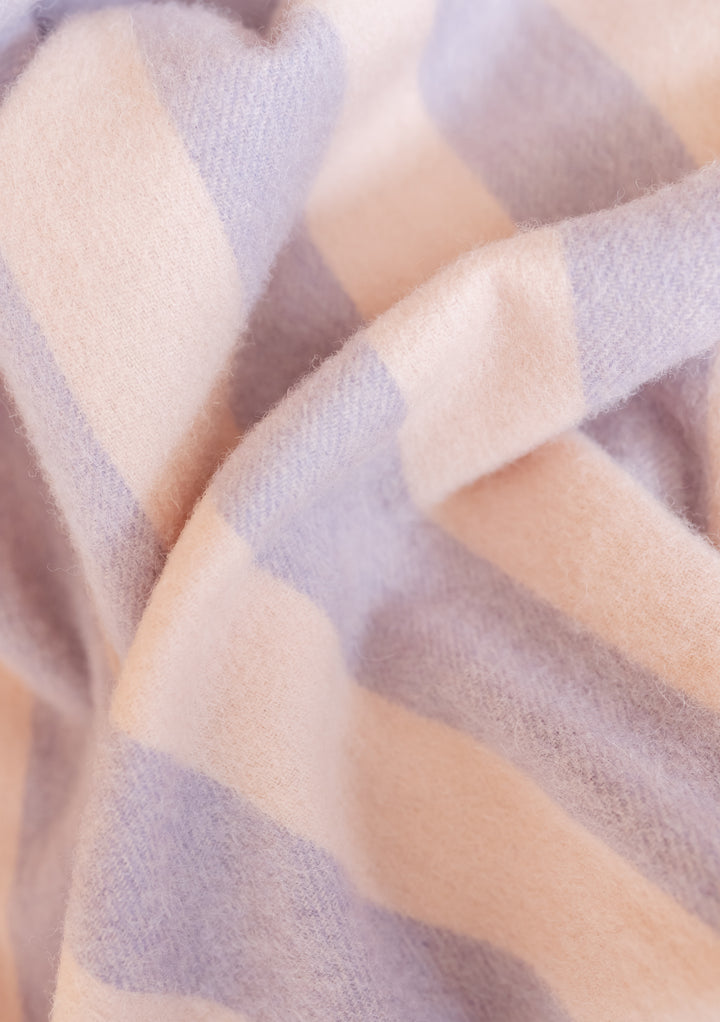 Close-up of soft TBCo Lambswool Baby Blanket in Pink & Lilac Stripe showing delicate fibres and classic striped design
