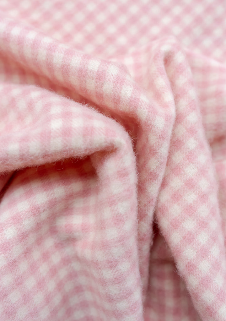 TBCo Lambswool Baby Blanket in Pink Gingham featuring soft, textured wool with delicate pink and cream micro check pattern