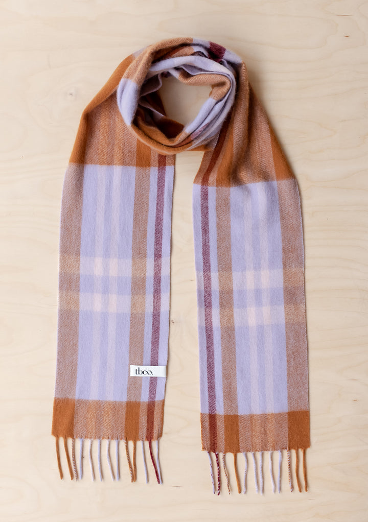 TBCo Lambswool Skinny Scarf in Lilac Modern Tartan with fringed edges, soft woven lambswool for warmth and style