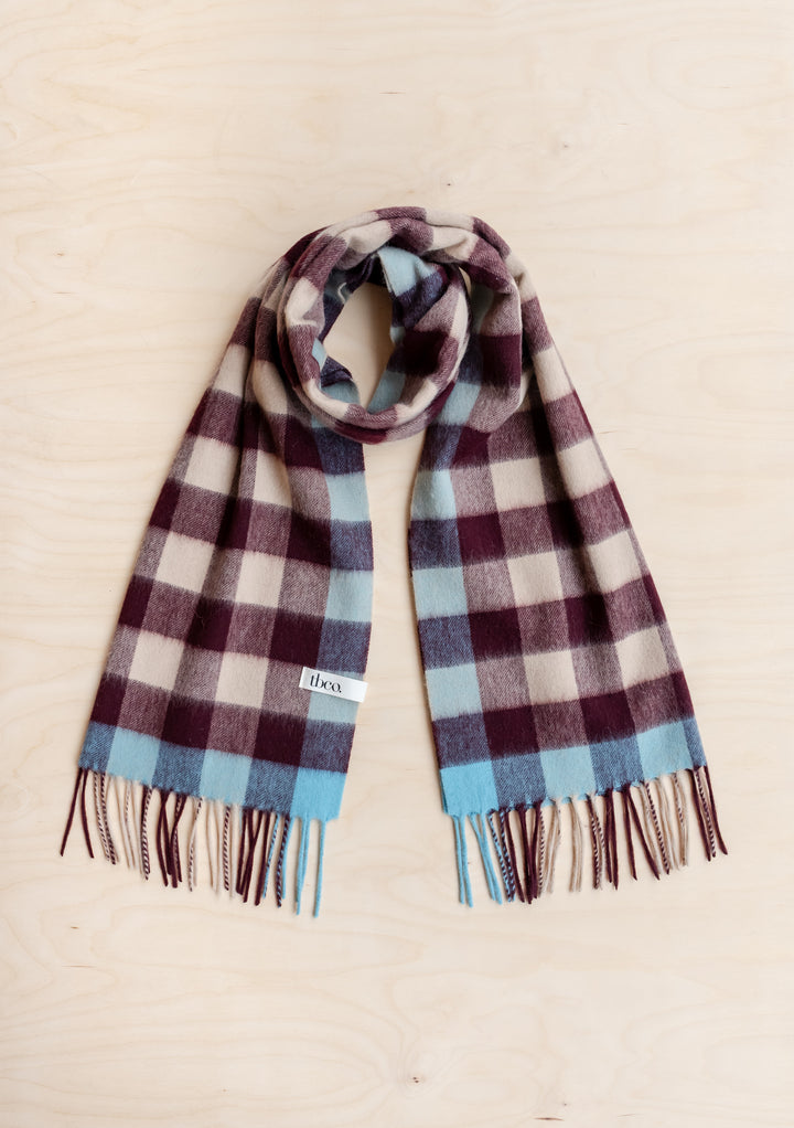 Lambswool Oversized Scarf in Camel Gingham by TBCo, soft wool, fringed edges, burgundy brown, camel and blue check pattern