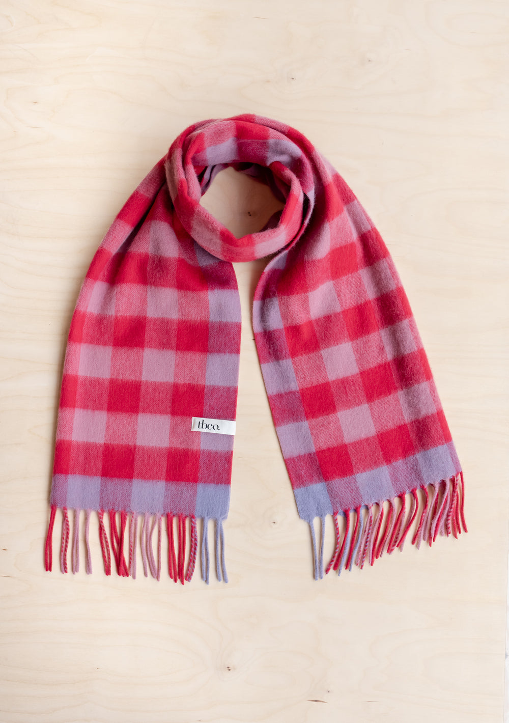 Soft Lambswool Oversized Scarf in Rose Gingham by TBCo with pink lilac check and fringed edges