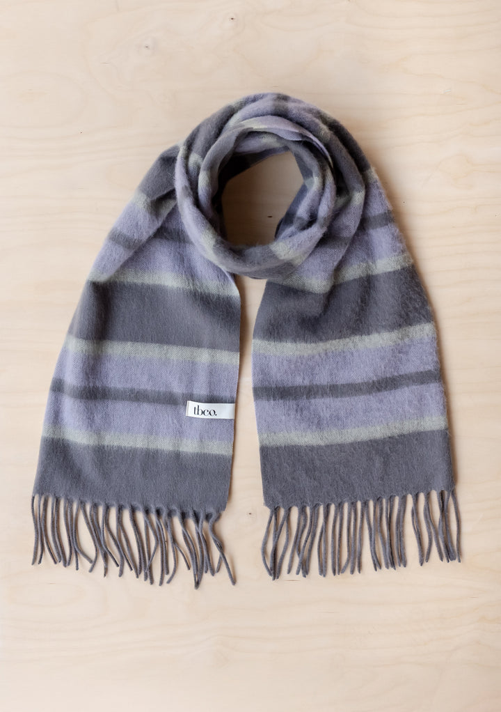 Lambswool Oversized Scarf in Charcoal Stripe by TBCo showing soft fringed lambswool fabric with charcoal and lilac stripes