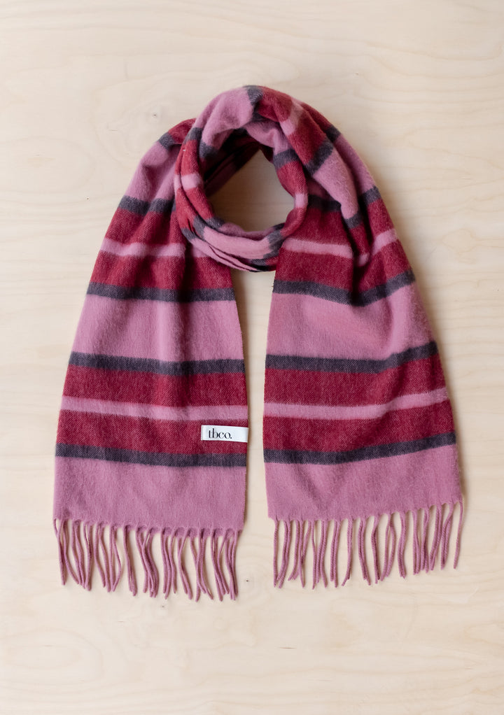 Lambswool Oversized Scarf in Pink Stripe by TBCo featuring soft fringed wool in pink and burgundy tones