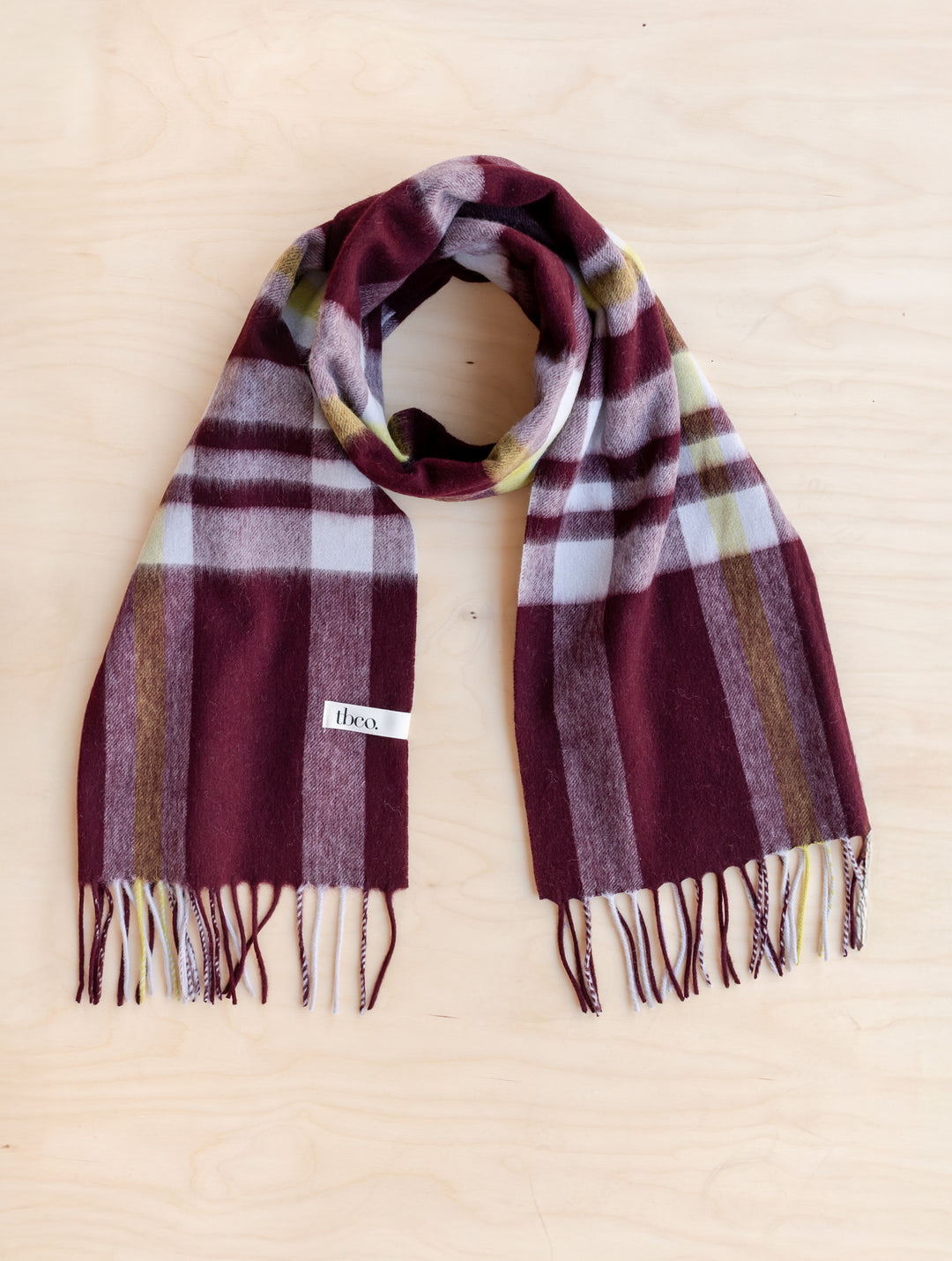 Lambswool Oversized Scarf in Burgundy Modern Tartan by TBCo with soft fringed edges and warm tartan pattern