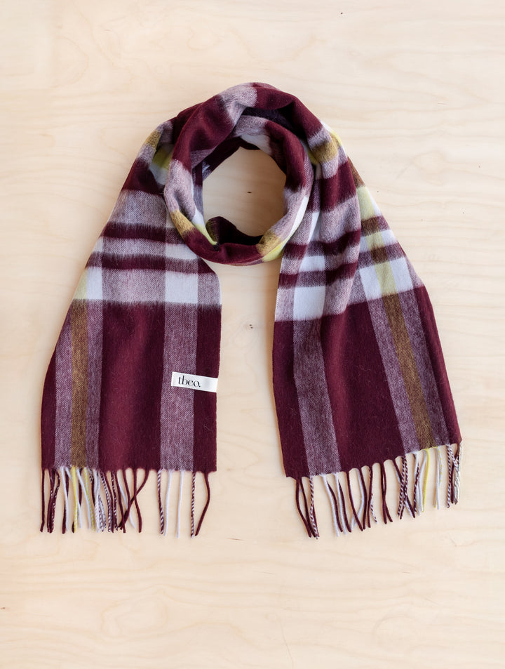 Lambswool Oversized Scarf in Burgundy Modern Tartan by TBCo with soft fringed edges and warm tartan pattern
