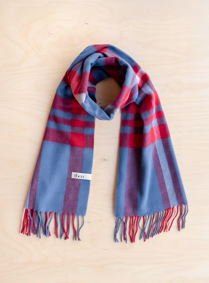 TBCo Lambswool Oversized Scarf in Blue Modern Tartan with fringed edges, soft 100% lambswool weave for warmth and style