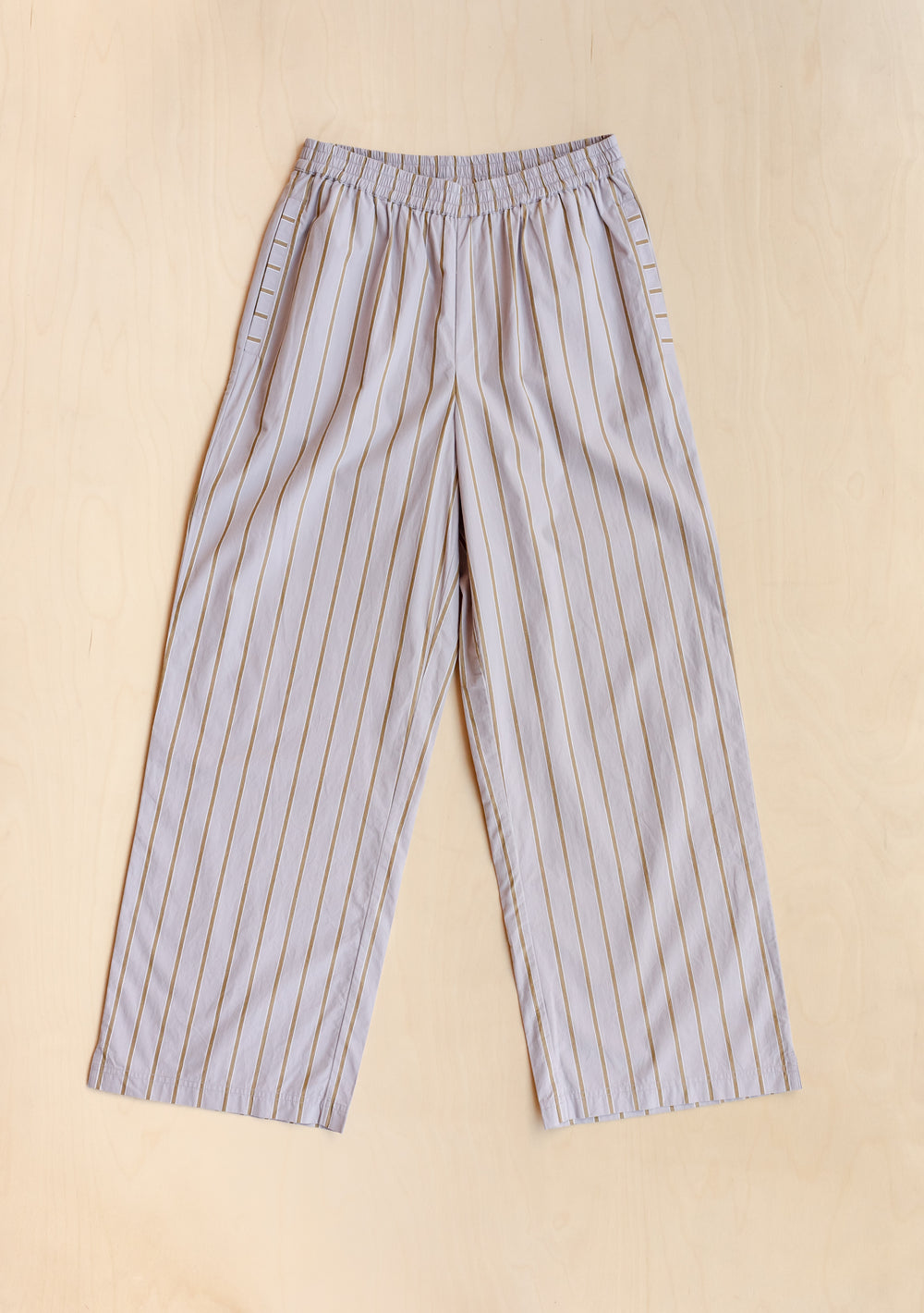 TBCo Cotton Trousers in Lilac Stripe with olive stripes, featuring elasticated waistband and relaxed-fit design