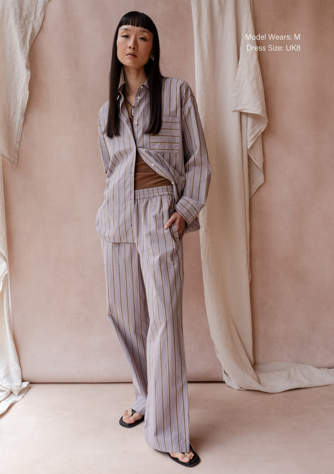 TBCo Cotton Trousers in Lilac Stripe shown as part of loungewear set with striped pattern and relaxed fit