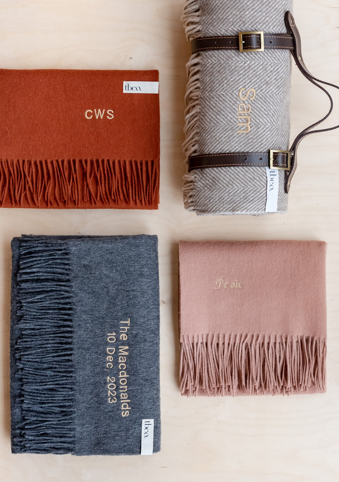 Lambswool Skinny Scarf in Camel Modern Tartan by TBCo folded and personalised with embroidery in various colours