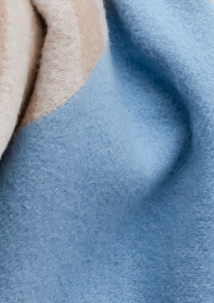 Close-up detail of TBCo Lambswool Oversized Scarf in Flora Stripe Jacquard showing soft blue and beige wool texture