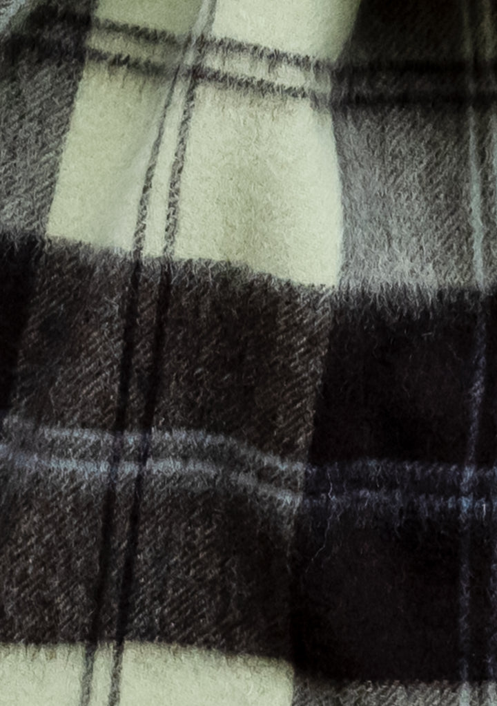 TBCo lambswool oversized scarf in mint varsity check pattern featuring chocolate brown and lime green plaid design