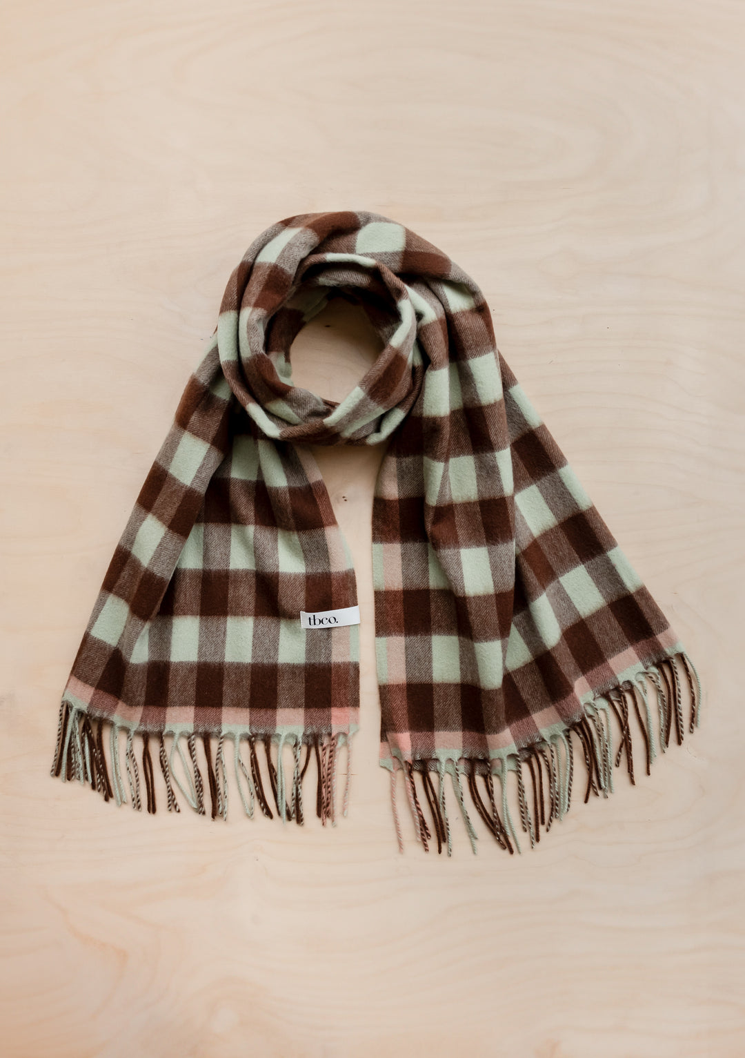 TBCo Lambswool Blanket Scarf in Green Gingham featuring mint and brown check pattern with fringed ends, displayed flat