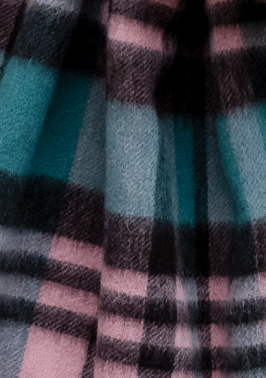 TBCo Lambswool Blanket Scarf in Green Tartan Check featuring soft woven checks in pine green, rose pink and grey with fringed edges