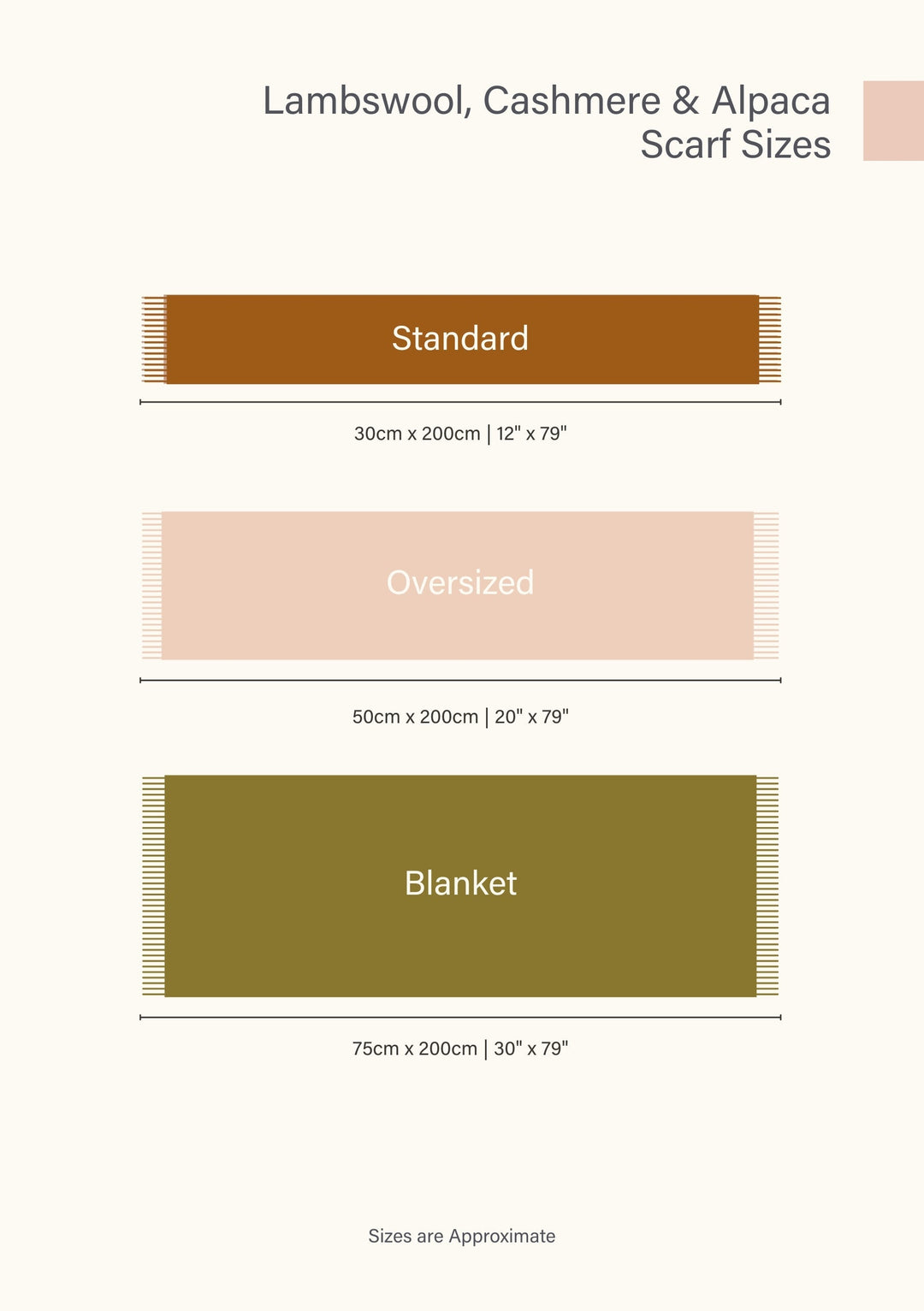 TBCo Size chart for Standard Scarf, Oversized Scarf and Blanket Scarf Products in Lamsbwool and Cashmere. Each in a different colour with product dimensions included