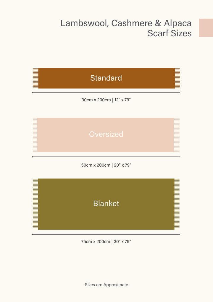 TBCo Size chart for Standard Scarf, Oversized Scarf and Blanket Scarf Products in Lamsbwool and Cashmere. Each in a different colour with product dimensions included