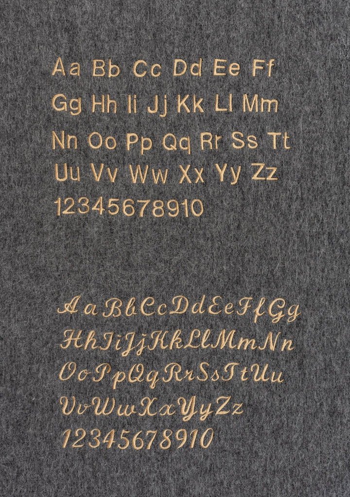 Embroidery font options for personalised Large Merino Wool Triangle Scarf in Brown by TBCo on grey wool background