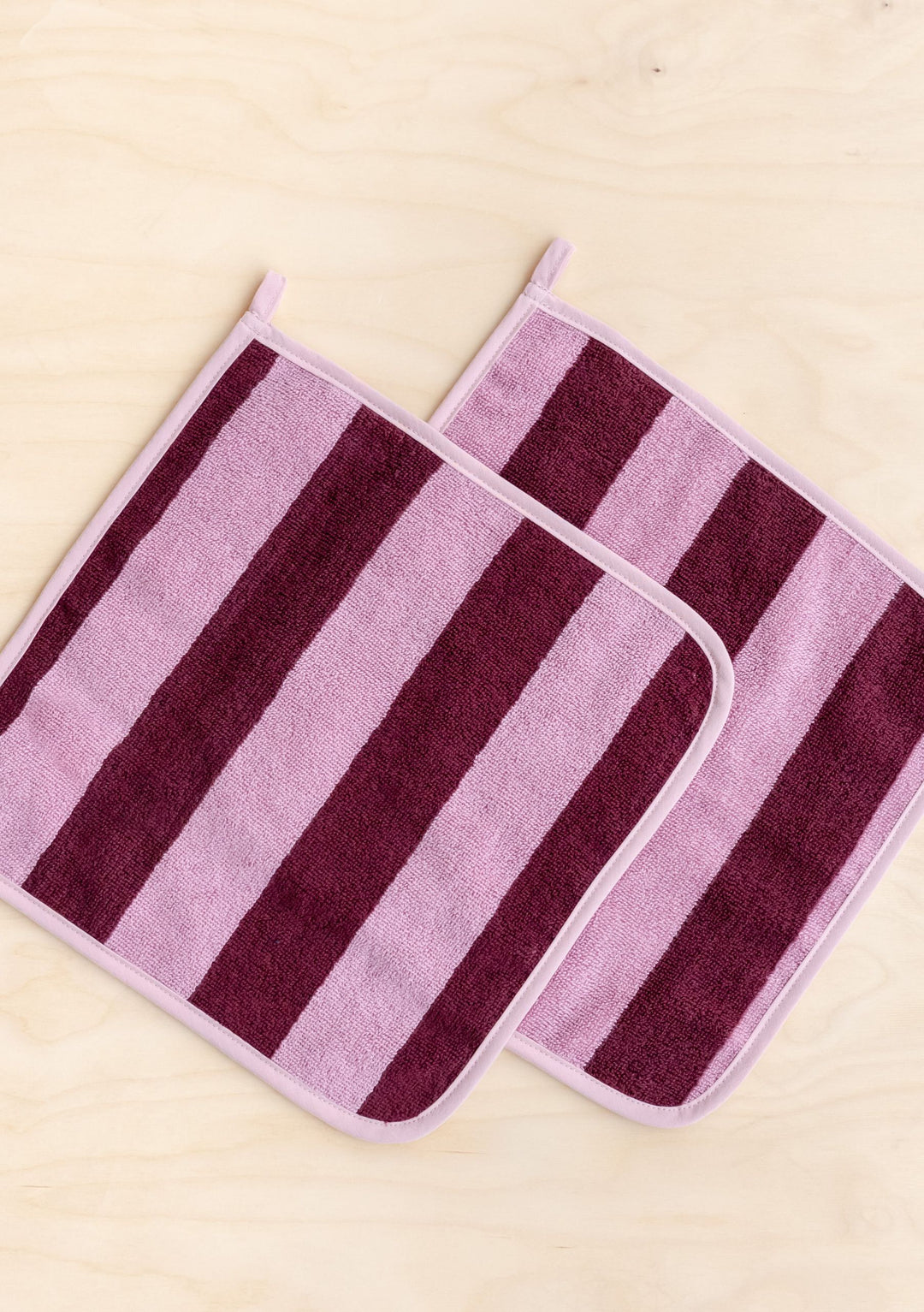 Terry Cotton Face Cloths Set of 2 in Burgundy Stripe by TBCo, soft absorbent terry cotton with pink and burgundy stripes