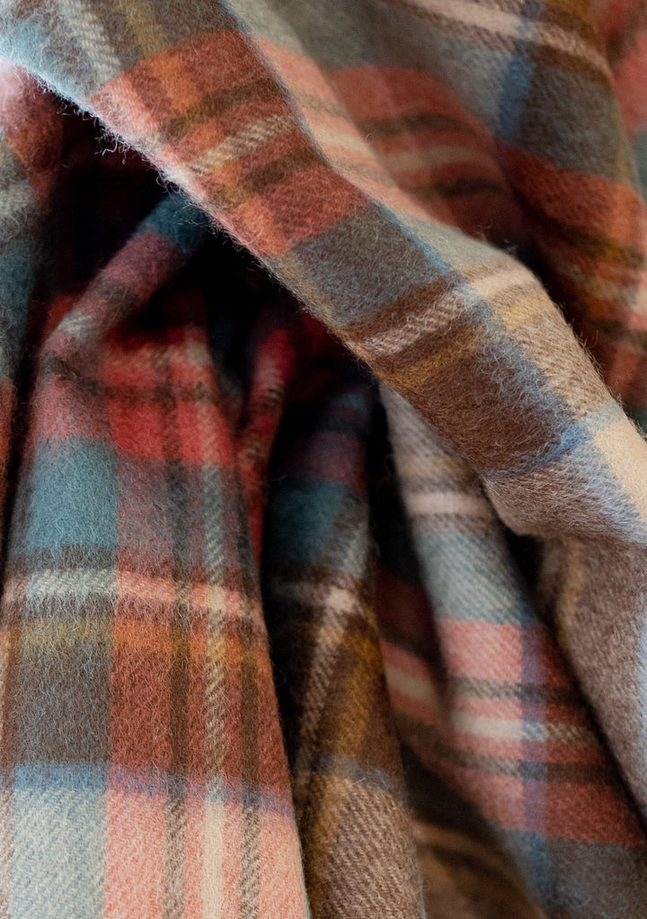 TBCo Stewart Dress Antique Tartan lambswool blanket scarf showing soft folds and traditional plaid pattern in camel, red and green
