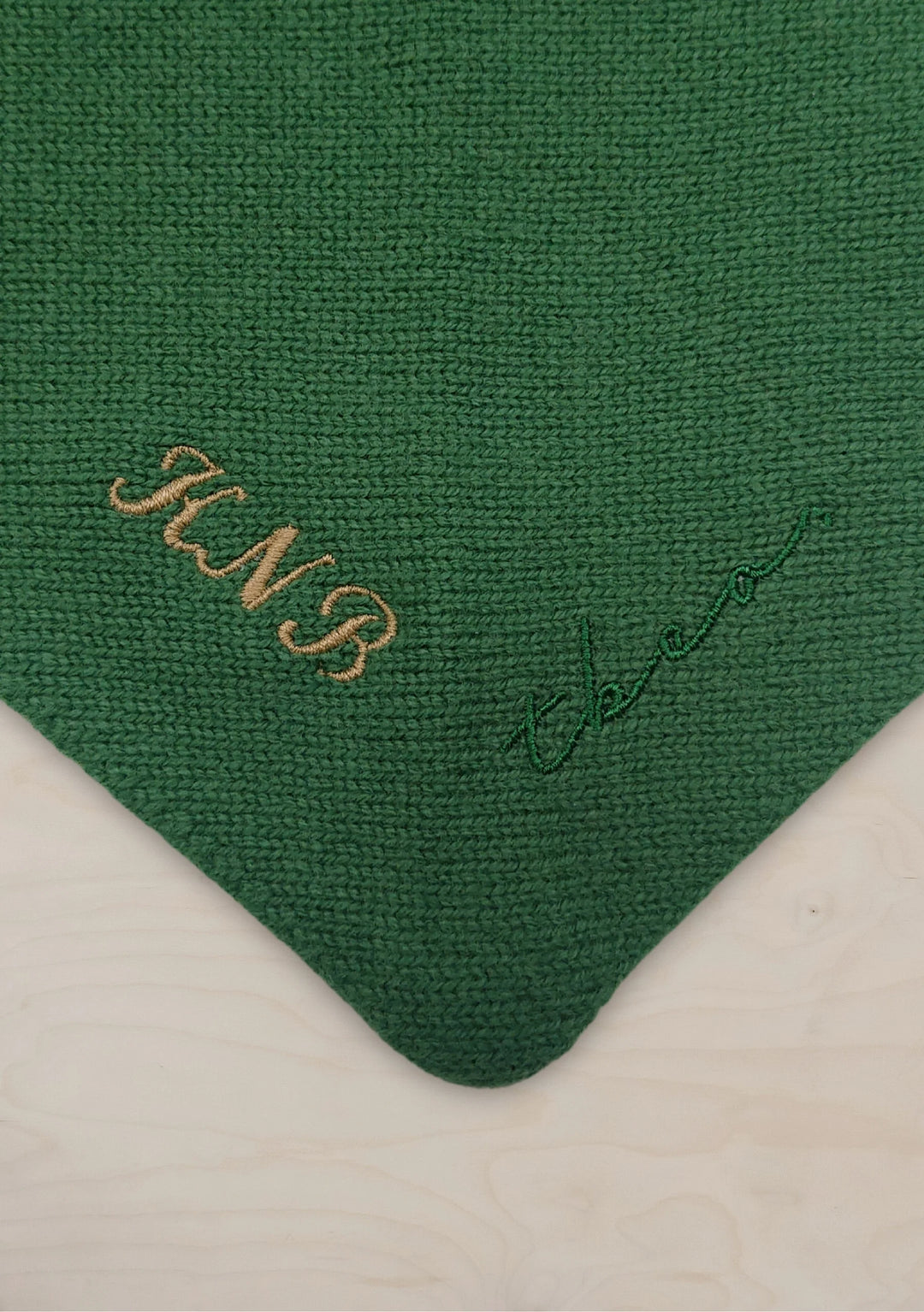 Personalised green Merino Wool Triangle Scarf in Navy & Red Stripe by TBCo with custom embroidery detail.