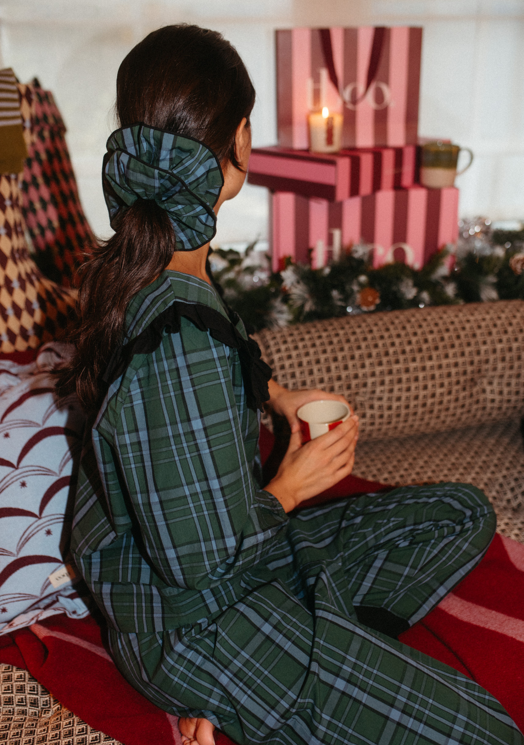 Pyjama en coton à motif tartan vert 