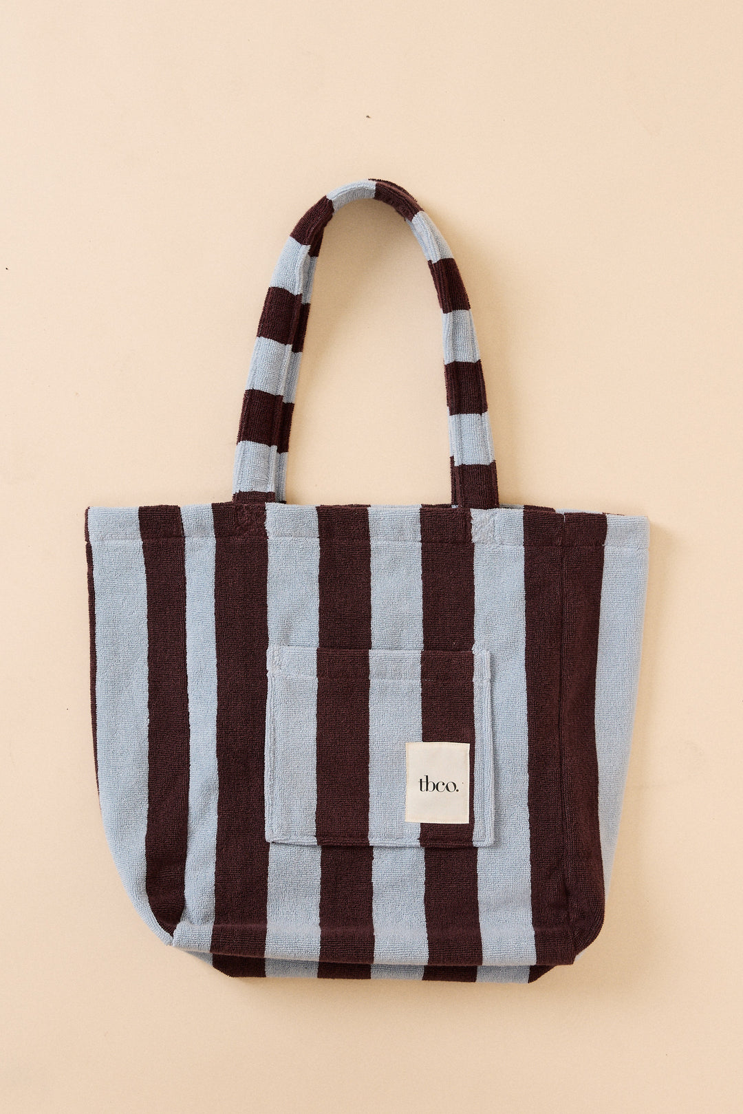 TBCo Terry Cotton Tote Bag in Blue Stripe with soft textured sky blue and deep brown vertical bands and front pocket detail