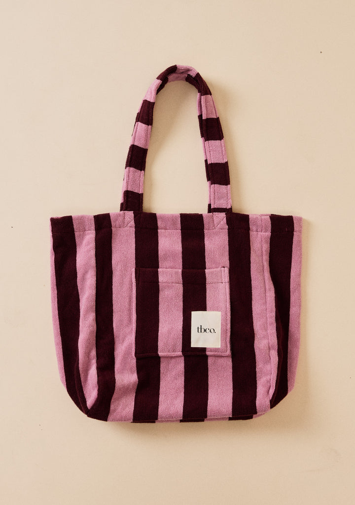 TBCo Terry Cotton Tote Bag in Burgundy Stripe with soft textured alternating wide vertical bands and front pocket detail
