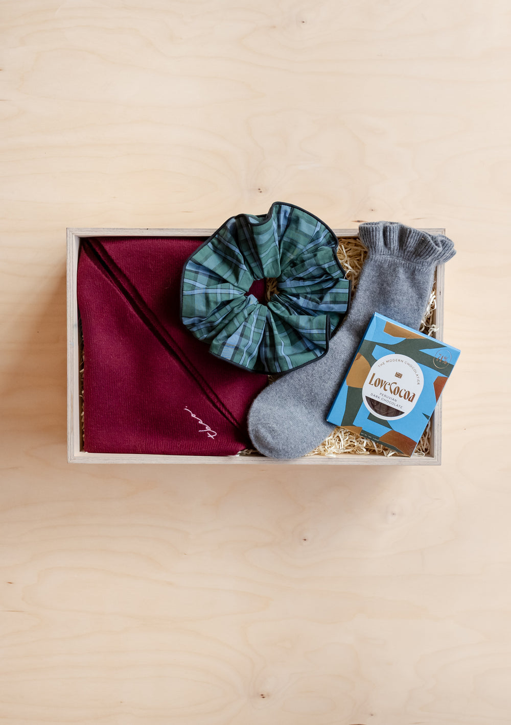 TBCo Accessories Gift Box with cosy socks, plaid scrunchie, scarf, and luxury hot chocolate in eco-friendly packaging