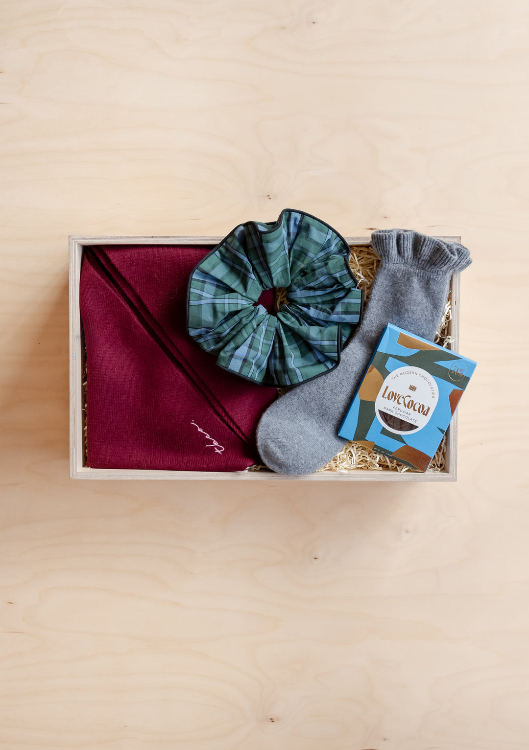 TBCo Accessories Gift Box with cosy socks, plaid scrunchie, scarf, and luxury hot chocolate in eco-friendly packaging