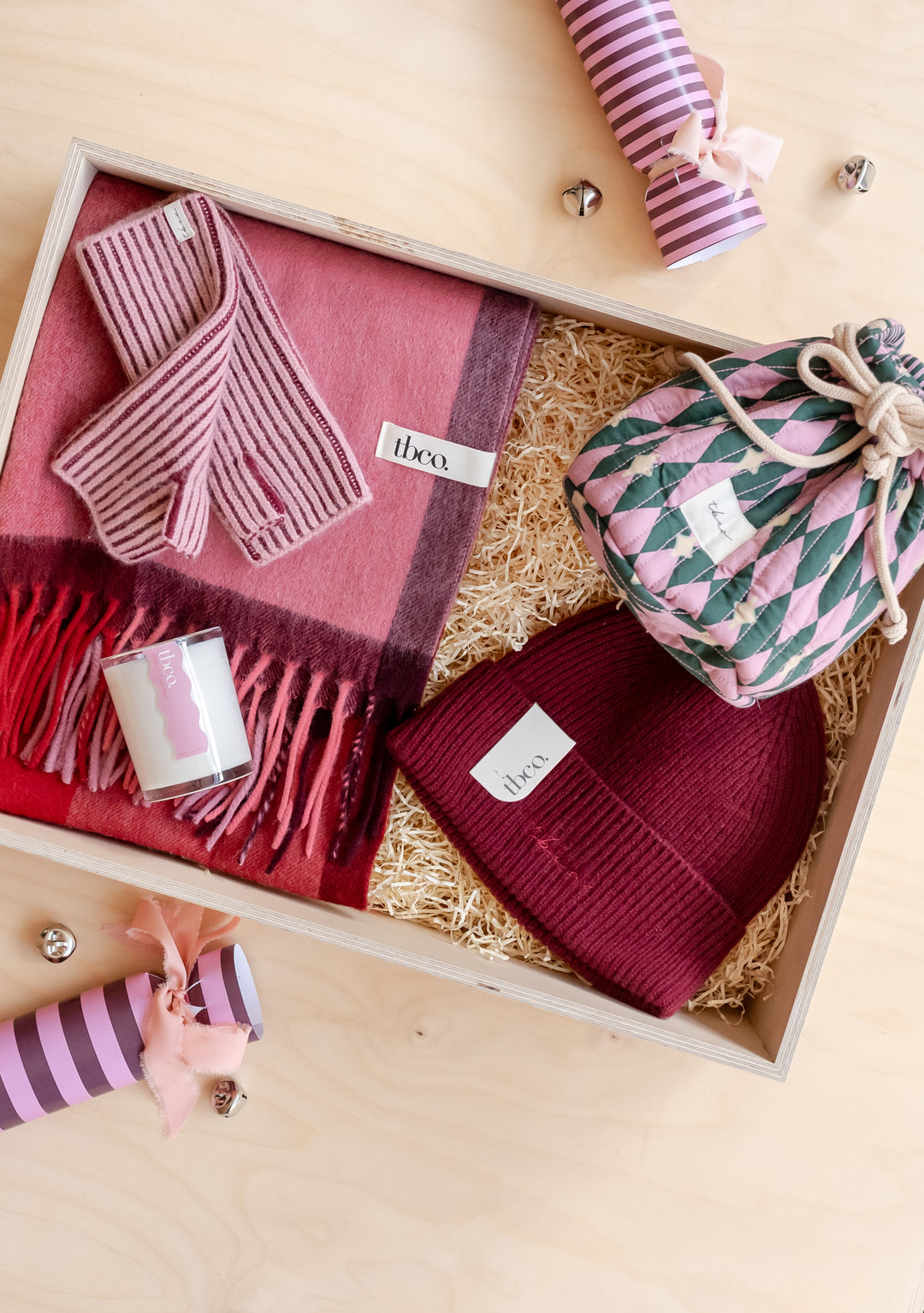 Gift Box For Her by TBCo featuring cosy scarf, hat, candle, and festive accessories in a branded gift box.