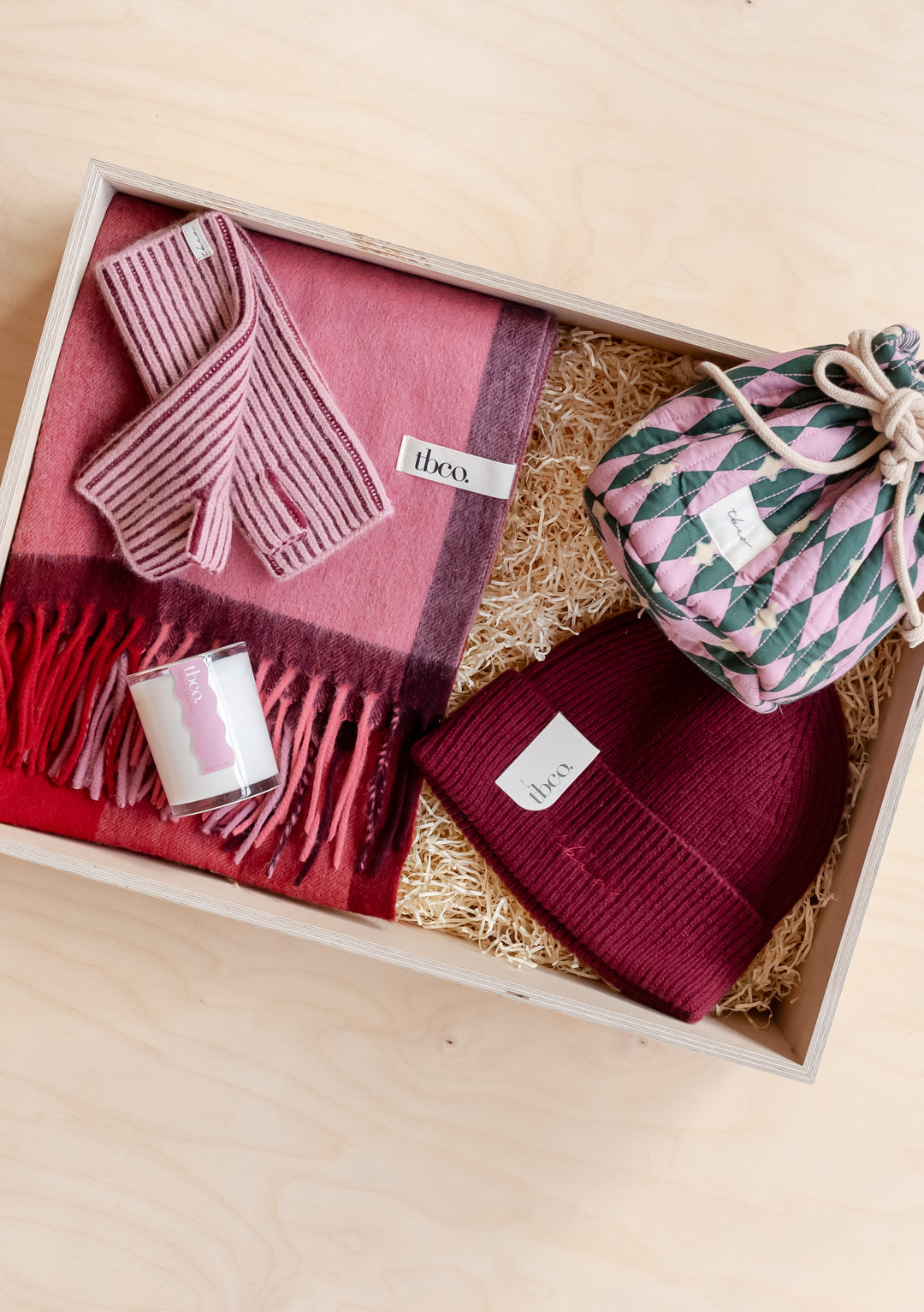 Gift Box For Her by TBCo with cosy scarf, gloves, beanie, candle and patterned pouch in wooden box display