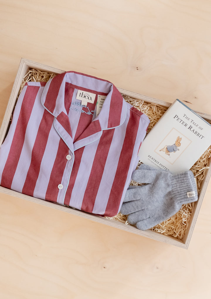 TBCo Kids Gift Box with striped pajamas, grey gloves, and The Tale of Peter Rabbit book in wooden display box