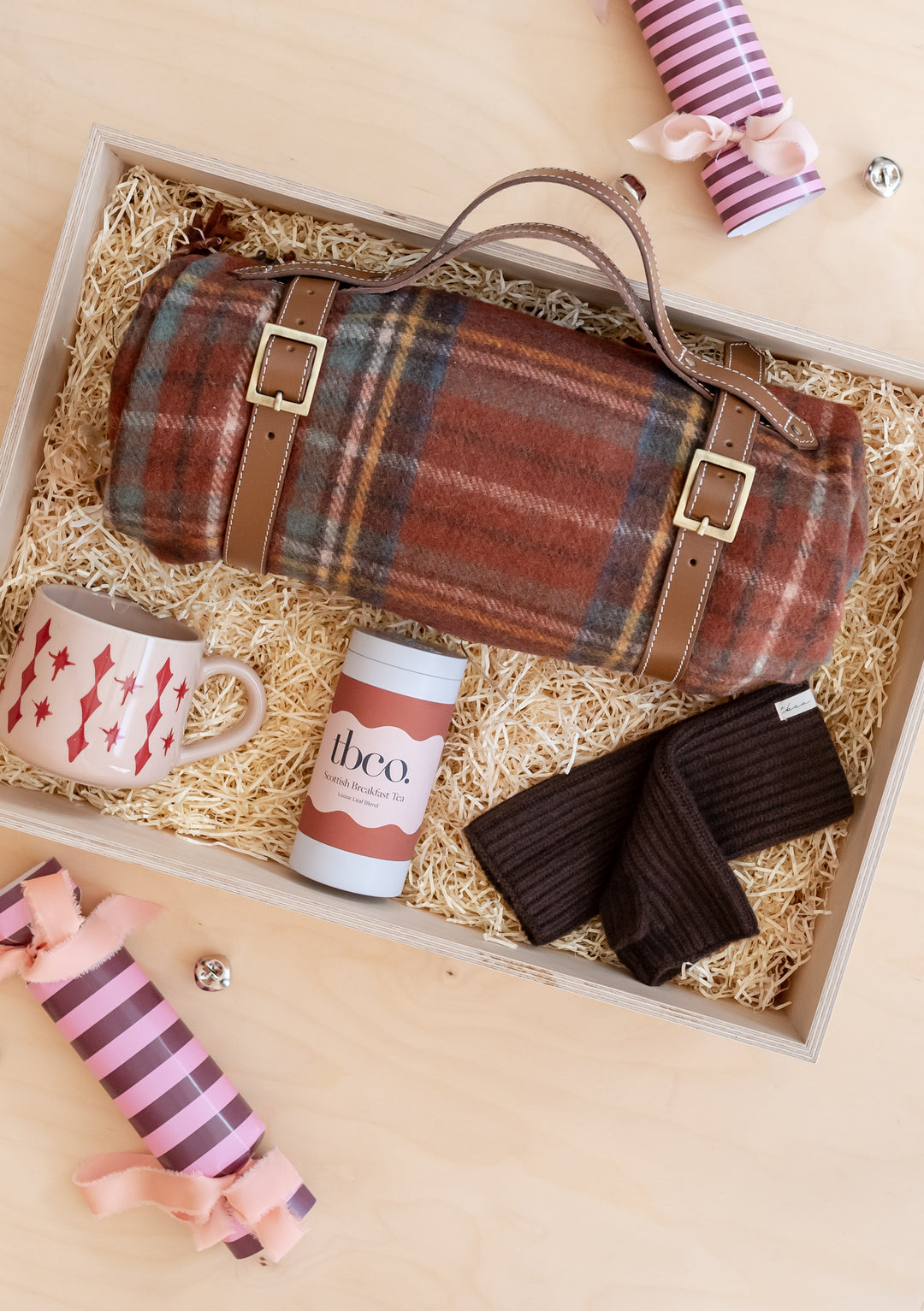 TBCo Picnic Gift Box with plaid blanket, mug, hot chocolate, and cosy socks in eco-friendly packaging