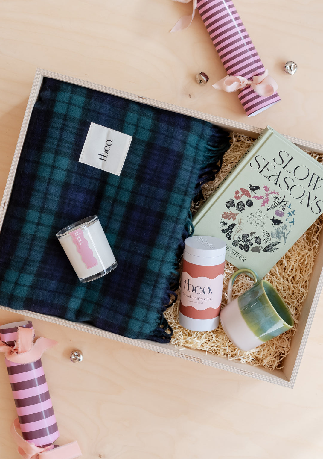 Build Your Own Tartan Gift Box by TBCo featuring tartan blanket, candle, tea, mug, and book in a wooden box.
