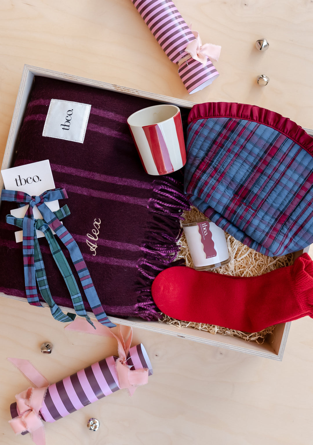 Build Your Own Ultimate Gift Box by TBCo with cosy blanket, mug, candle, socks, and festive accessories in gift box