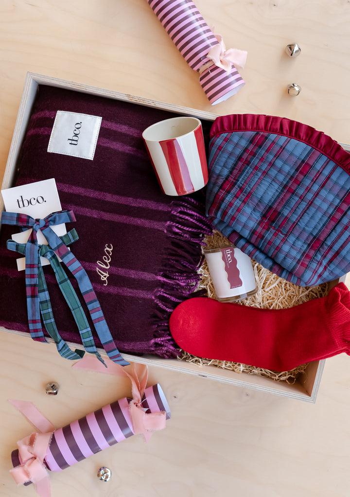 Build Your Own Ultimate Gift Box by TBCo with cosy blanket, mug, candle, socks, and festive accessories in gift box