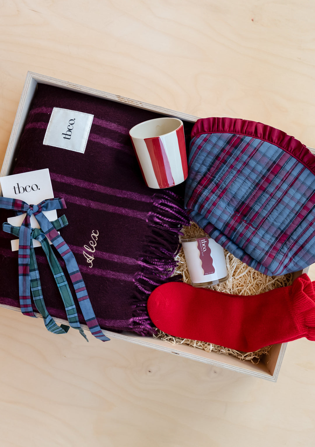 Build Your Own Ultimate Gift Box by TBCo with personalised scarf, red mug, plaid accessories and cosy red socks in wooden box