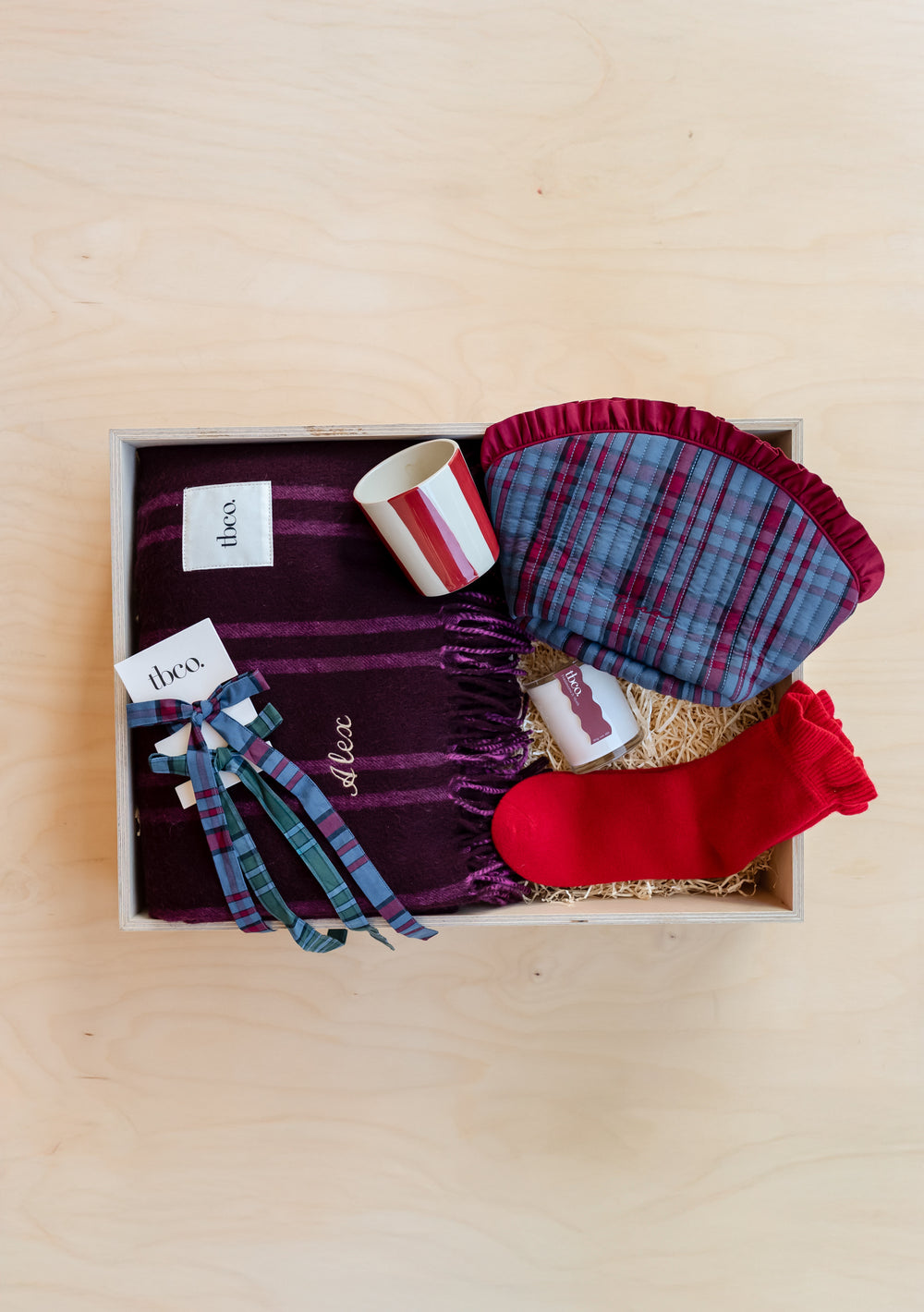 Build Your Own Ultimate Gift Box from TBCo with personalised scarf, mug, cosy socks, and matching accessories in a gift box