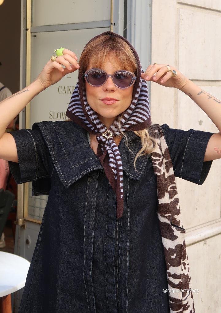 Merino Wool Triangle Scarf in Blue & Brown Stripe