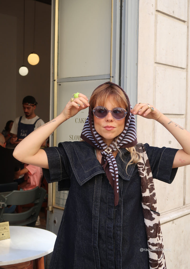Merino Wool Triangle Scarf in Blue & Brown Stripe