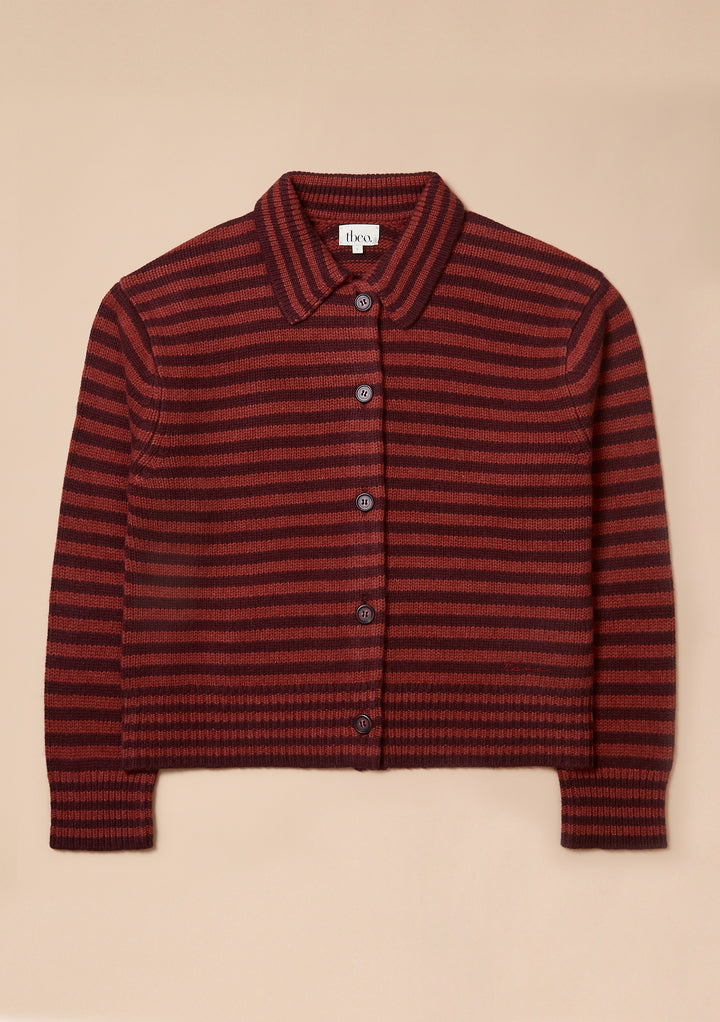 Merino Wool Chore Cardigan in Berry Stripe