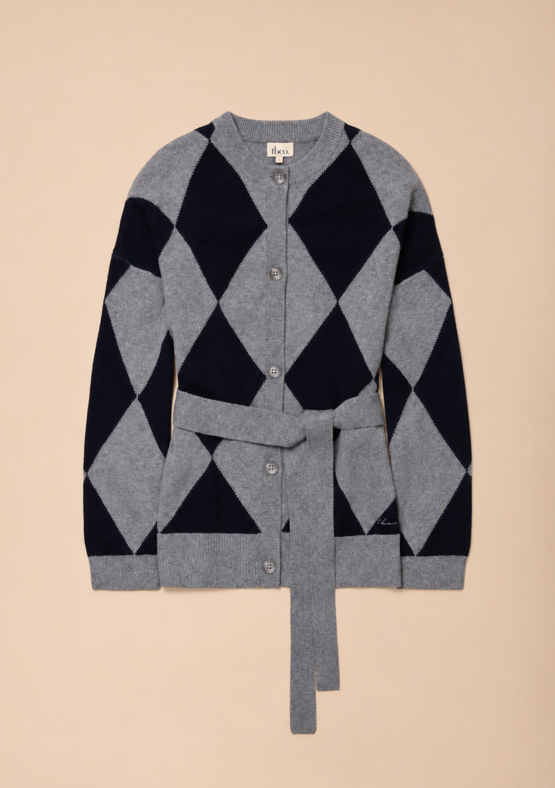 Cardigan ceinturé en laine mérinos à motif argyle gris