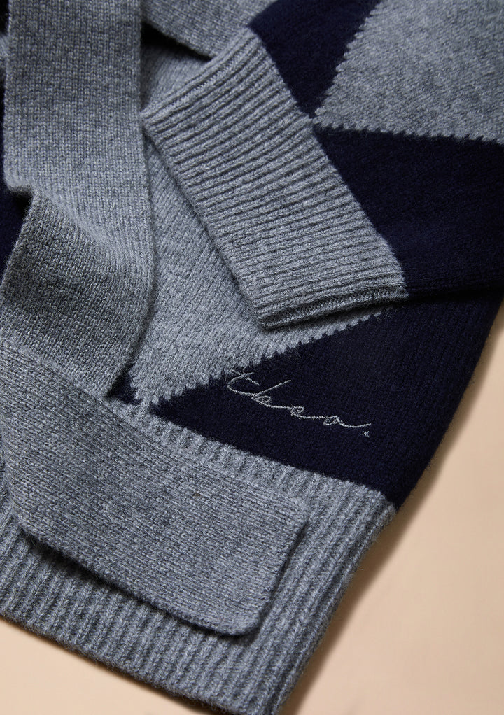 Merino Wool Belted Cardigan in Grey Argyle
