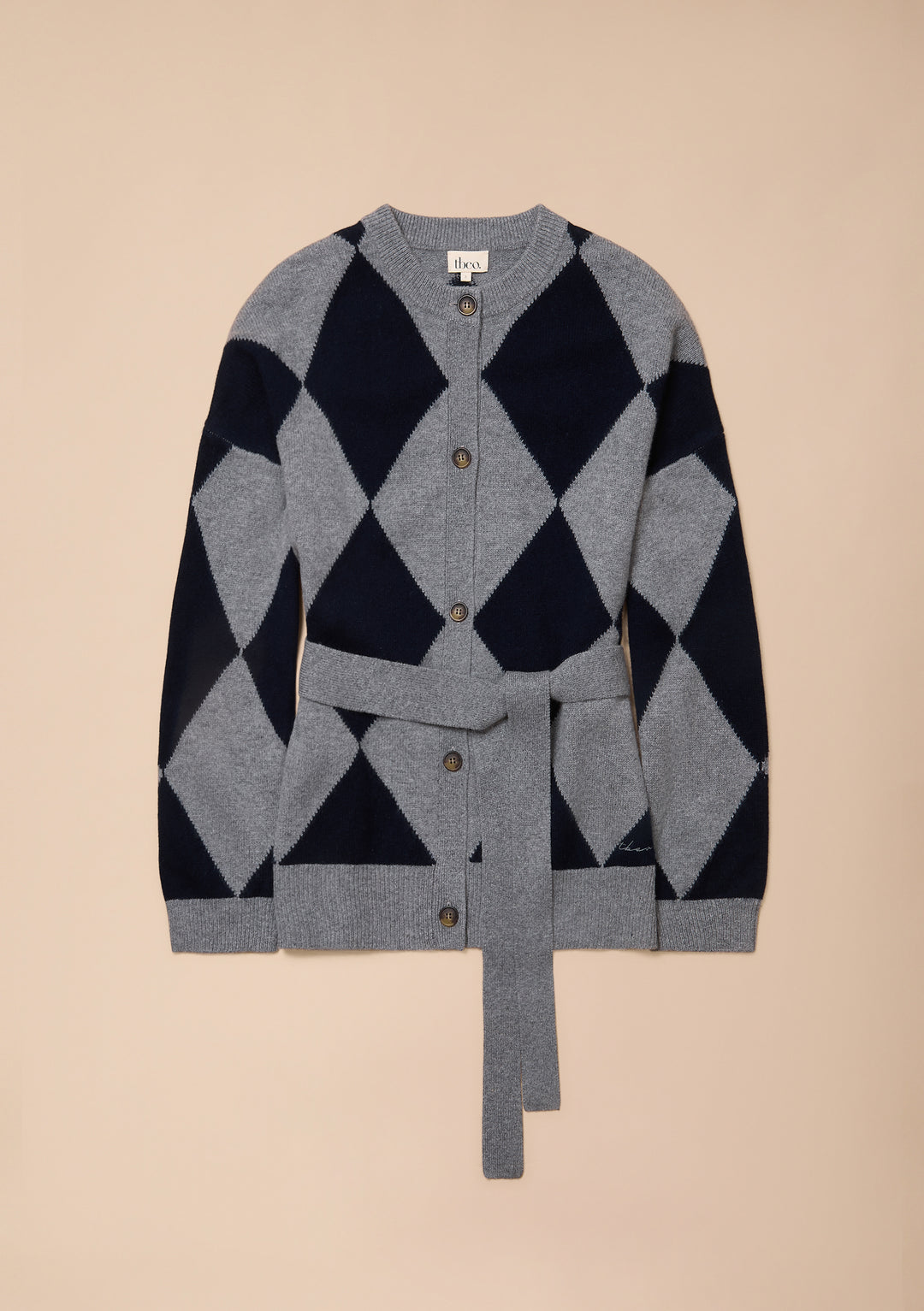 Merino Wool Belted Cardigan in Grey Argyle