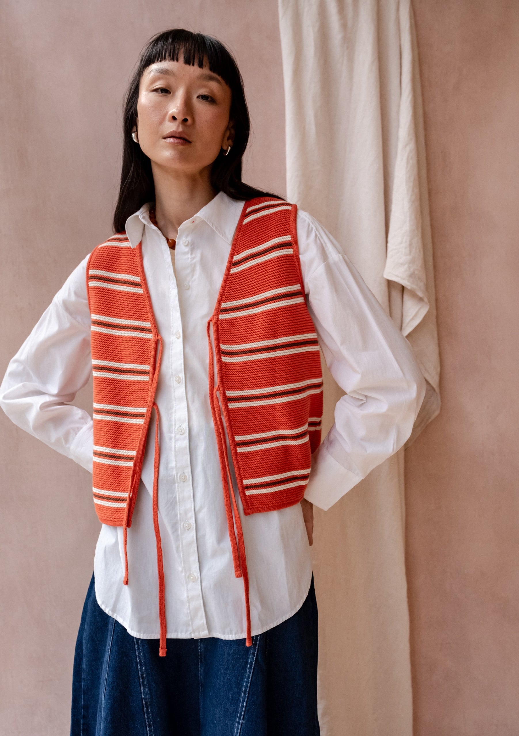 TBCo | Women's Cotton Knitted Vest in Tangerine Orange Stripe