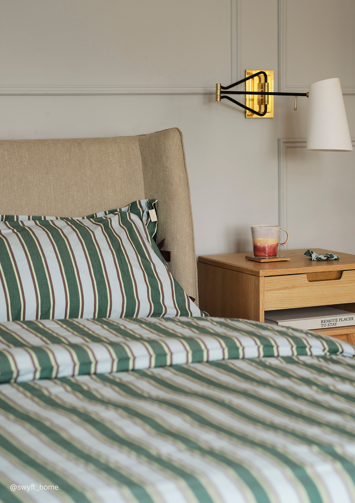 Housse de couette et taies d'oreiller en coton à rayures bleues